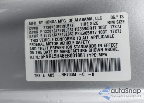 2014 Honda Odyssey Ex from USA, damaged, VIN 5FNRL5H46EB001861